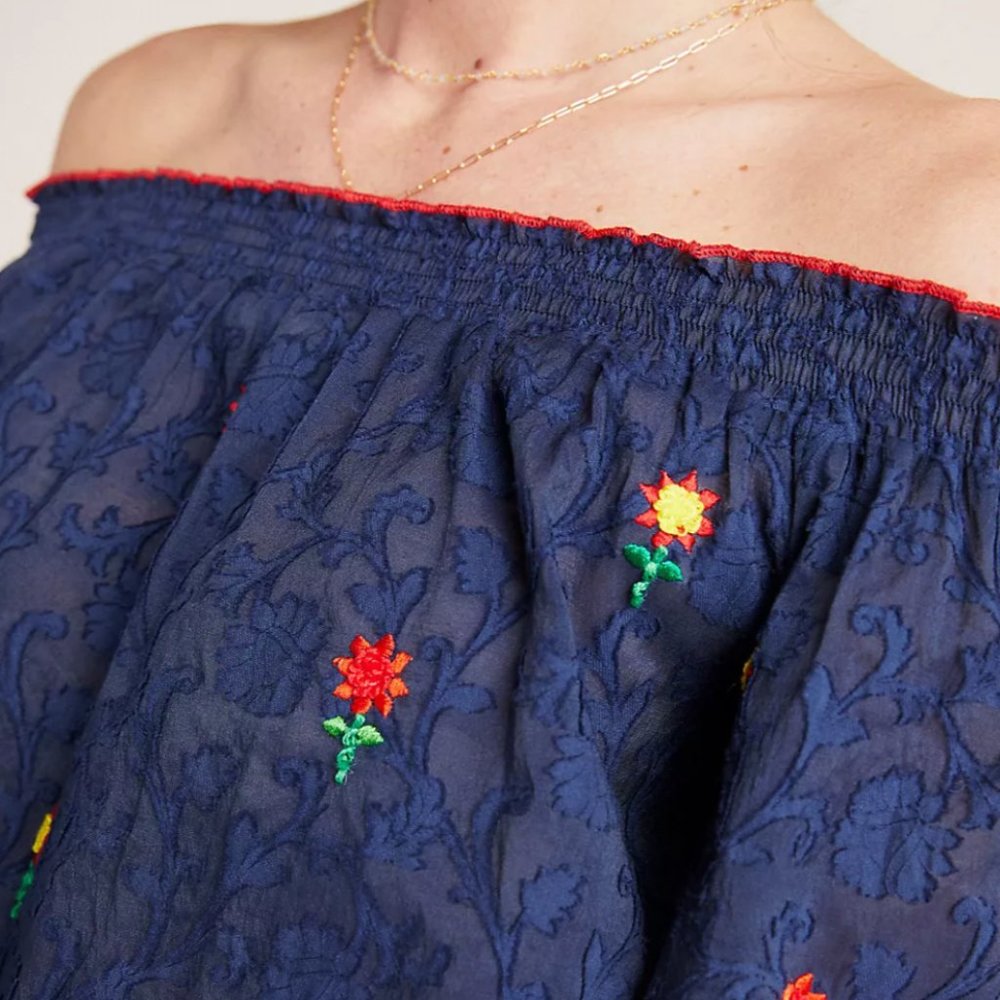 ANTHROPOLOGIE/ PAYAL JAIN Jayna Embroidered Off The Shoulder Navy Top - Sz XS - Picture 3 of 11